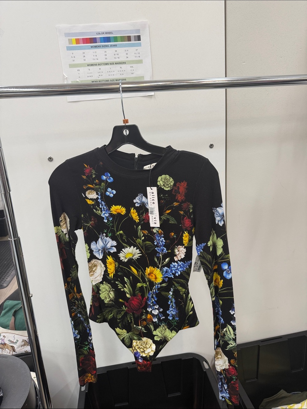 Alice + Olivia Black Floral Long-Sleeve Bodysuit